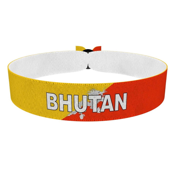 Zum Produkt Bhutan Flagge mit Ländername Stoffarmband